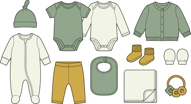 Baby Clothing Apparel and Accessories Collection Featuring Bodysuits Romper Cardigan Pants Beanie Bib Socks Mittens Blanket and Rattle Vector Illustration