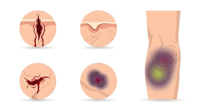 Skin injuries including cuts, bruises, and hematomas are displayed in a clinical medical illustration set.