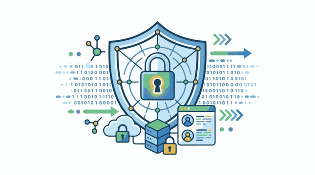 A digital illustration of a shield with a keyhole surrounded by computer servers clouds and binary code