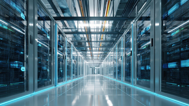 Bright symmetric data center corridor with white ceiling lights blue server racks and reflective floor