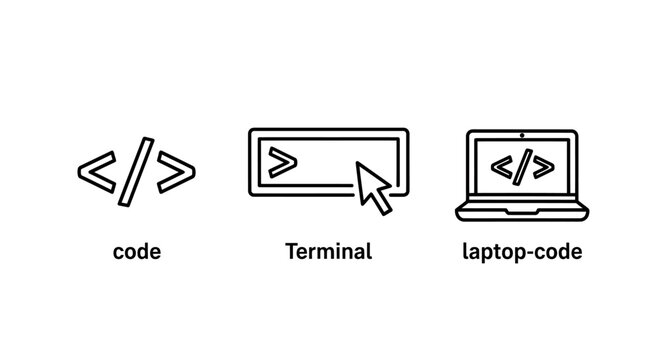 Software development programming icons set with software development terminal programming computer interface application technology javascript internet
