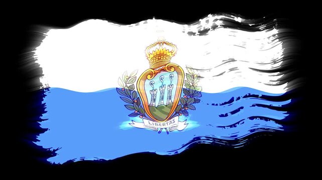 Waving torn San Marino flag grunge brush burn light leaks, transparent background alpha channel loop full HD