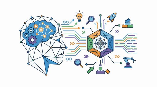 Colorful infographic of a human head with gears and a robotic cube