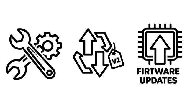 Firmware updates and technical maintenance icons with firmware maintenance technical engineering settings software technology hardware processor interface optimization configuration