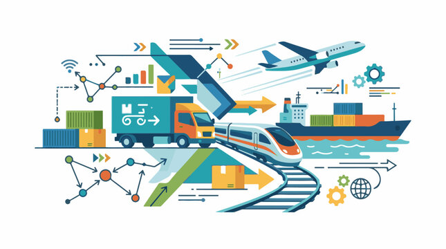 A vibrant infographic depicts various transportation modes and logistics elements