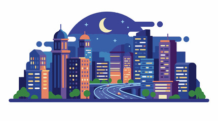 Fototapeta premium Colorful cityscape with buildings and road at night