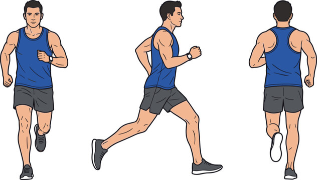 Man Running and Jogging Exercise Set Featuring an Athlete Practicing Cardio Workout from Front Side and Back Views Vector Illustration