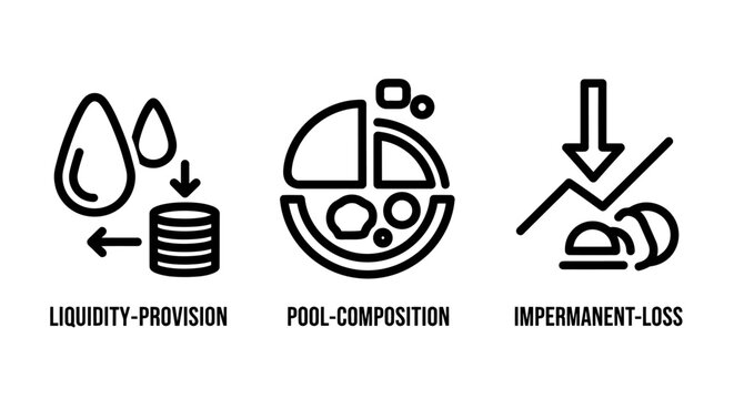 De fi liquidity provision and impermanent loss icons with liquidity investment portfolio economics cryptocurrency composition management volatility blockchain business infographic isolated