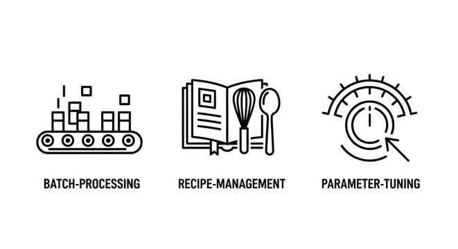 Manufacturing and batch processing automation icons with processing management parameter manufacturing automation industrial production conveyor precision calibration assembly software