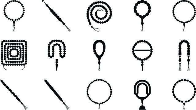 rosary beads in various shapes and designs on white background