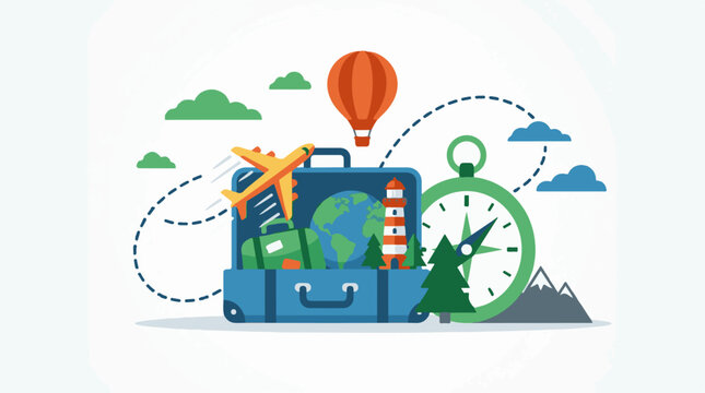 A blue suitcase with travel items and a compass