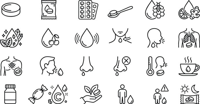 Cough drops and lozenges line icons set for sore throat relief cold flu treatment medical health care vector.