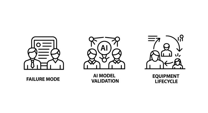 Machine learning and industrial process analysis icon set for failure mode AI model validation equipment lifecycle management learning validation lifecycle industrial analysis technology