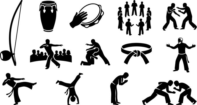 Capoeira Culture and Roda Silhouette Icon Set