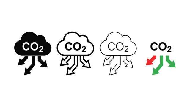 Set of carbon dioxide emission cloud icons with directional arrows