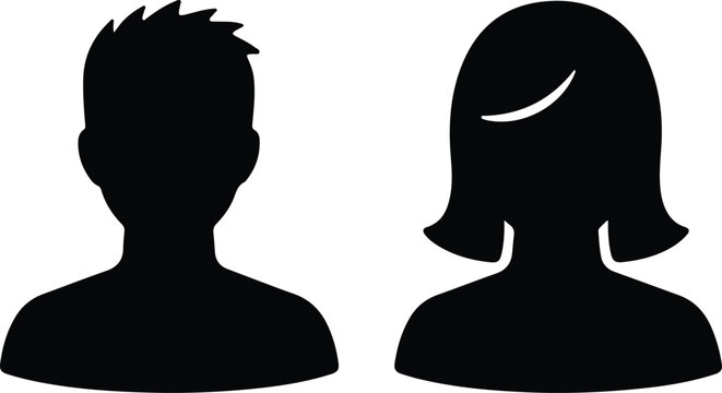 Minimalist user profile avatar icons, black silhouette male and female headshot symbols, generic person placeholder vector set for web design.