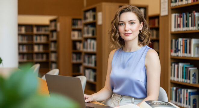 Education curriculum assignment or academic thesis examination preparation workflow featuring focused researcher compiling bibliography on laptop inside library bookshelves background