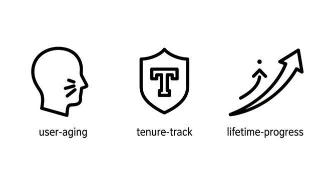 Set of UI icons representing user aging tenure track lifetime progress with lifetime progress development timeline evolution maturity experience seniority navigation interface illustration