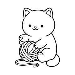 Fototapeta premium Cute kitten with yarn ball coloring page black and white line art illustration