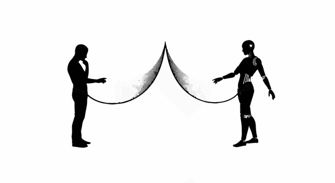 Silhouette of two figures, one human and one robot, reaching out to connect across a digital divide.
