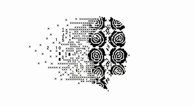 Abstract digital art representing artificial intelligence and the breakdown of data into a human profile.