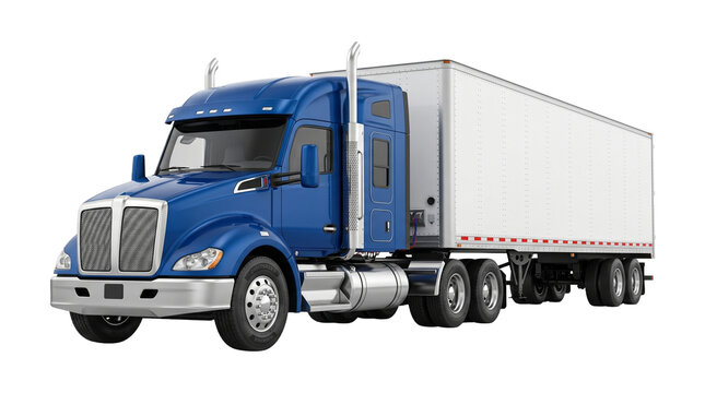 Blue heavy duty semi truck with white freight trailer isolated on transparent background logistics concept.