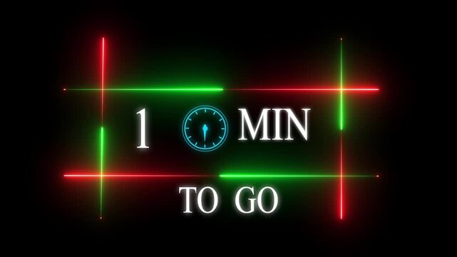Neon 1 mins to go animation. Neon counting number animation 1 mins to go with Glowing Red and Green Light Frame on Black Background 4l