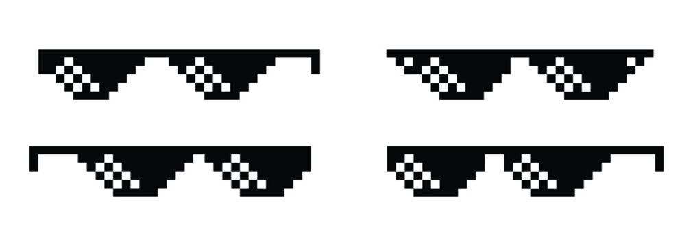Pixelated Sunglasses: A set of four meme-style pixelated sunglasses, often called deal with it glasses. internet meme, retro style, novelty eyewear.