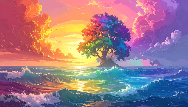 Pixel art landscape with a rainbow tree on a small island in the ocean during a vibrant sunset, waves reflecting colorful light