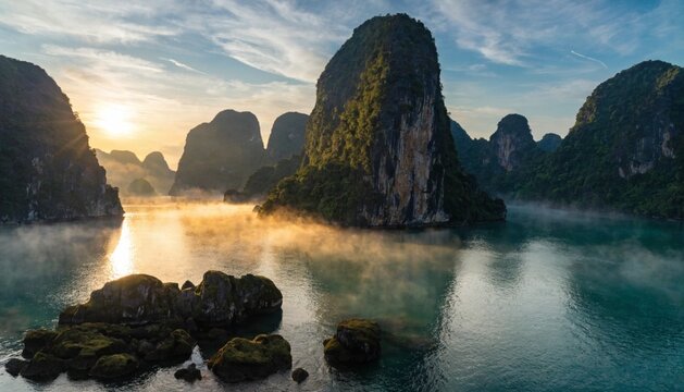 A magical view of Ha Long Bay with limestone karsts rising from misty emerald waters. Sunrise at Ha Long Bay, Vietnam
