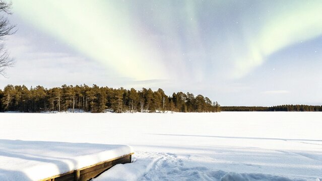 The aurora borealis dancing in vivid green and purple hues over a frozen, snow-covered lake. The Northern Lights Over a Frozen Lake
