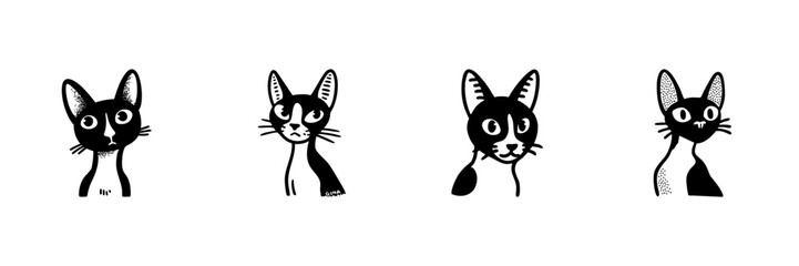 Fototapeta premium Four Black And White Cat Illustrations In Hand Drawn Style Set. Playful Feline Expressions, Whiskers, And Ears Doodle Sketch Collection. Pet Art Design. Isolated Vector Illustration