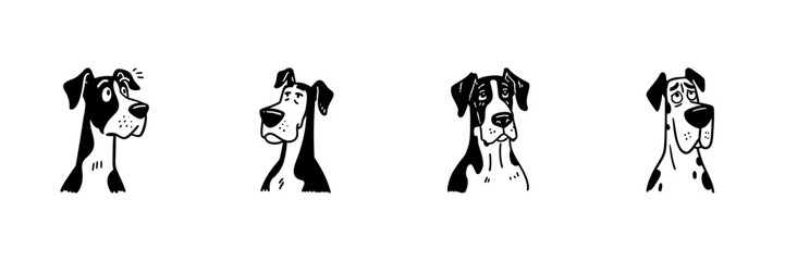 Fototapeta premium Great Dane Dog Expressions In Hand Drawn Style Set. Emotional Canine Faces, Cartoon Character Doodle Sketch Collection. Pet Mood Illustration. Isolated Vector Illustration
