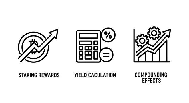 Cryptocurrency staking rewards yield calculation and compounding effects business icons with investment blockchain calculator interest business currency percentage strategy earnings portfolio
