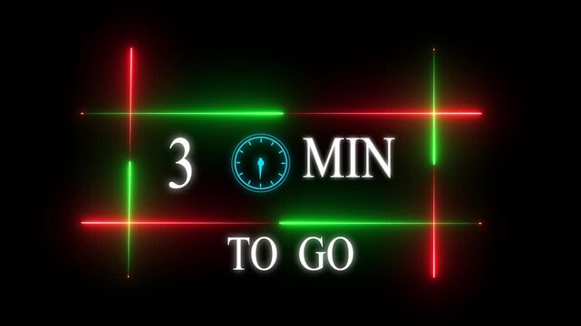 Neon 3 mins to go animation. Neon counting number animation 3 mins to go with Glowing Red and Green Light Frame on Black Background