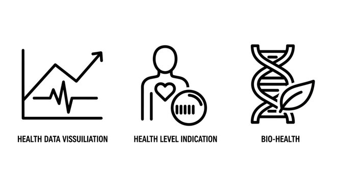 Health monitoring data and biological research diagnostic icons with science icon wellness check analysis data health level biology icon medical tech science vector healthcare icons bio health