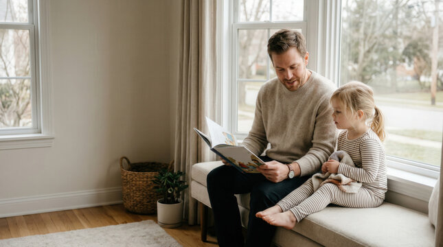Man in his thirties wearing beige sweater reading picture book to young daughter sitting together by large window in minimal interior soft daylight