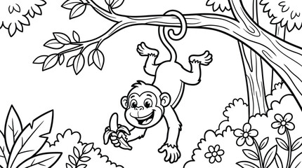 Cute cartoon monkey hanging from tree branch with banana coloring page for kids, jungle forest line art vector illustration.  © Apon