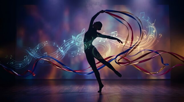 Graceful female rhythmic gymnast performing a beautiful artistic routine while holding long colorful ribbons that swirl elegantly through the air 