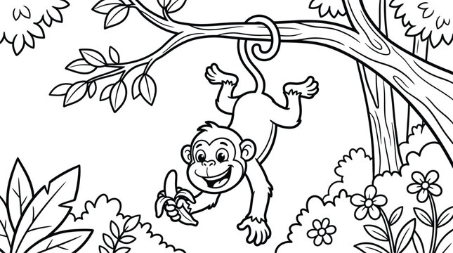 Cute cartoon monkey hanging from tree branch with banana coloring page for kids, jungle forest line art vector illustration.

