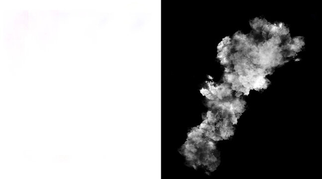Atmospheric white smoke plume on black background, ethereal steam cloud texture, cinematic fog effect for composite design and photo editing