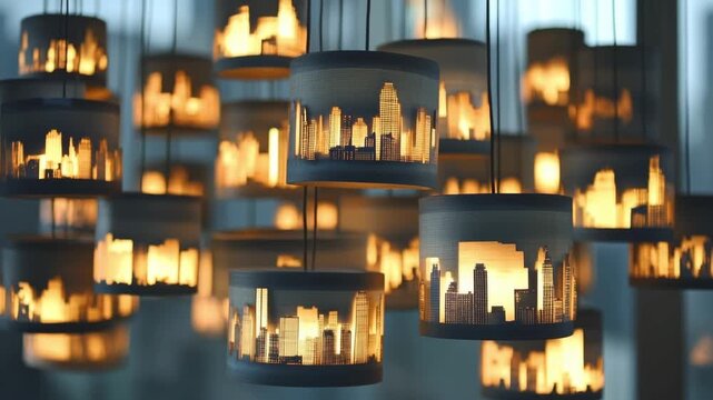Hanging lamps shaped like city skylines