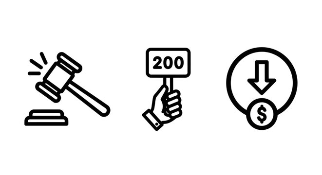 Legal auction and financial depreciation icons set with depreciation devaluation business investment reduction minimalist corporate commerce transaction purchase authority decision