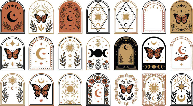 Mystical Celestial Boho Arch Frame Set with Crescent Moon Sun Butterfly and Floral Witchy Elements for Esoteric Tarot and Spiritual Branding Designs
