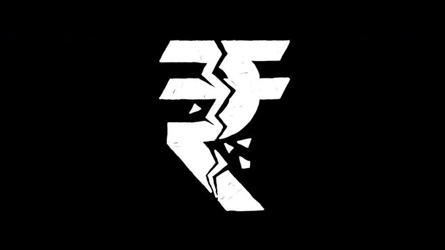 Broken Indian Rupee symbol economic crisis cracked currency concept 4K Hand Drawn Animation with alpha transparent background