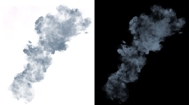 Atmospheric smoke plume on black and white backgrounds, thick gray vapor trail for design overlays, realistic steam and fog effect for compositing