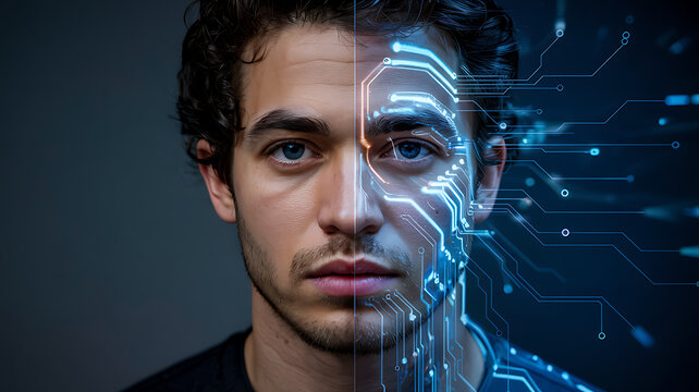 Cybernetic Vision: A striking close-up portrait of a man, his face half human and half illuminated by intricate blue circuitry, symbolizing the fusion of human and artificial intelligence.