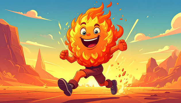 Pixel art of a cheerful cartoon flame character running in a desert landscape at sunset, energetic motion, playful expression
