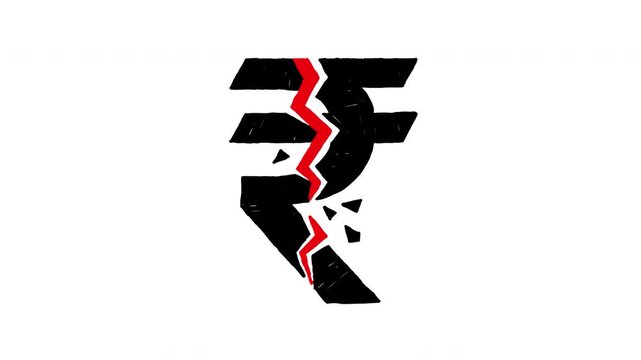 Broken Indian Rupee symbol economic crisis cracked currency finance crash 4K Hand Drawn Animation
