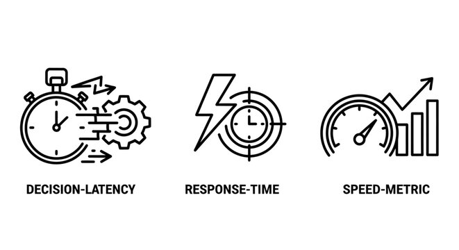Performance metrics icons set featuring decision latency response time speed metric for network and computing optimization decision response performance optimization lightning analysis